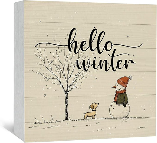 Hello Winter Sign, Winter Decorations for Home, Christmas Snowman Snowflake Wooden Box Sign, Snowman Christmas Wood Signs for Home Office Desk Table Shelf Decor, 5x5 Inch