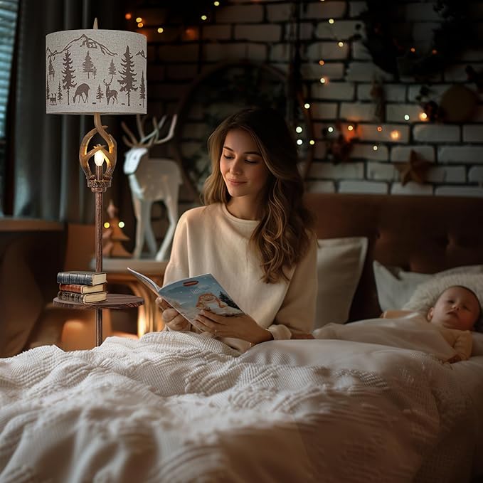 Vintage Deer Antlers Floor Lamps For Living Room with Night Light, Rustic Tall Lamp Decor For Bedroom with Metal Tray. Farmhouse Standing Lamp For Home Office Study Restaurant (Bulb Included)