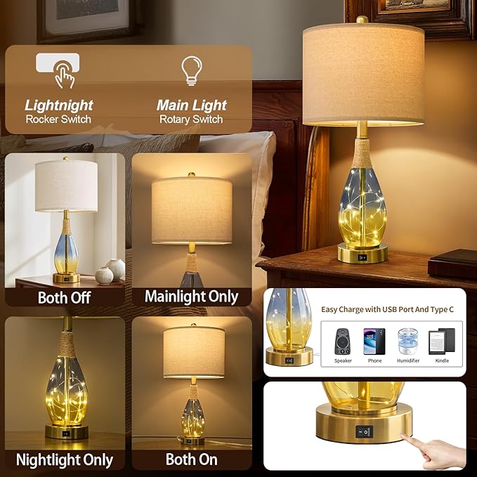 OYEARS 23" Table Lamps for Living Room Set of 2,Bedside Lamps for Night Stands, Rattan Lamps for Bedroom,Farmhouse Lamps with Glass Nightlight,Two Light Points