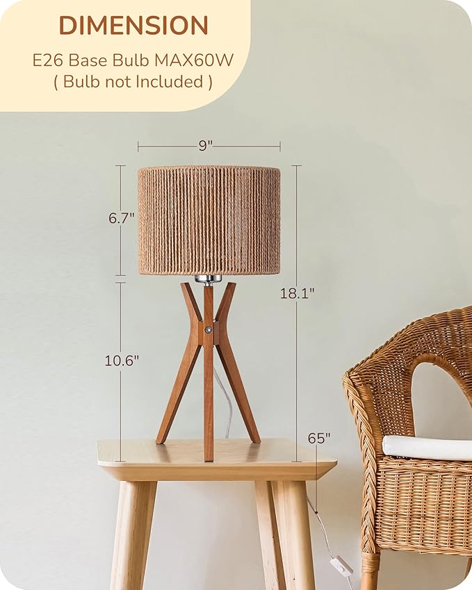 EDISHINE 17.5" Rattan Table Lamp, Wood Bedside Lamp with Handmade Paper Rope Woven Lampshade, Nightstand Lamp for Living Room, Bedroom, E26 Base, ON-Off Switch