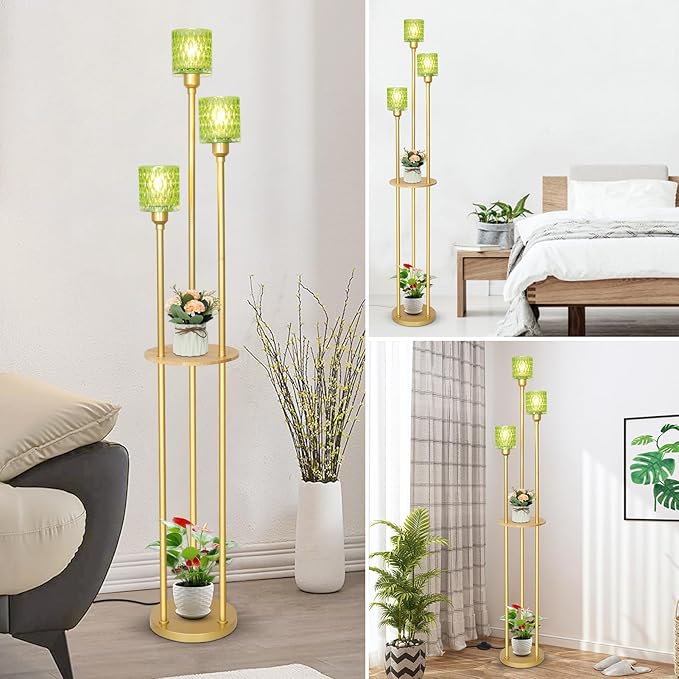 HMVPL MVPL Crystal Floor Lamp with Shelves,Floor Lamps for Living Room (Gold-Green Straight, Glass)