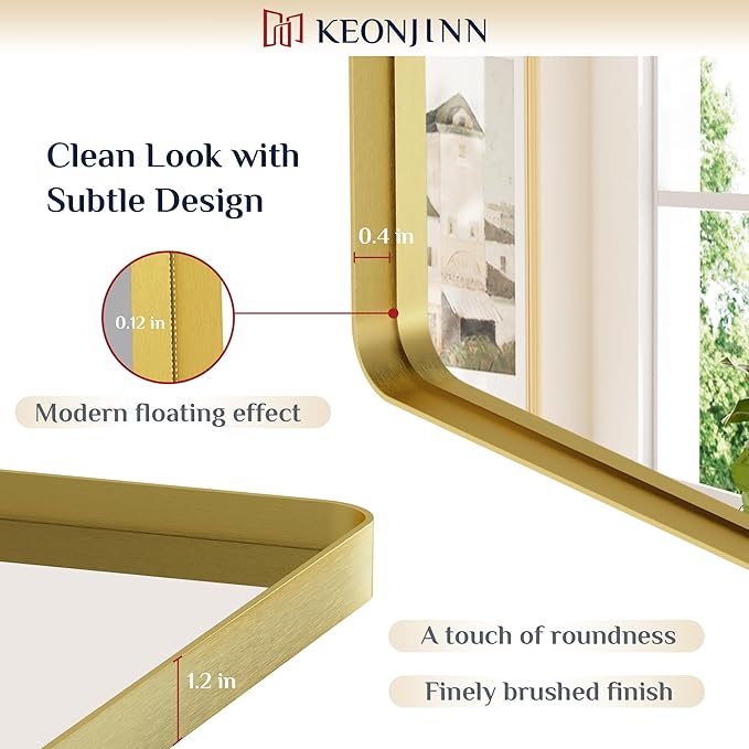 Keonjinn Gold Bathroom Mirrors for Over Sink, 40” x 24” Rounded Rectangle Brushed Gold Vanity Mirror, Anti-Rust Brass Mirror with HD Tempered Glass, Decorative Farmhouse Mirrors, Horizontal/Vertical