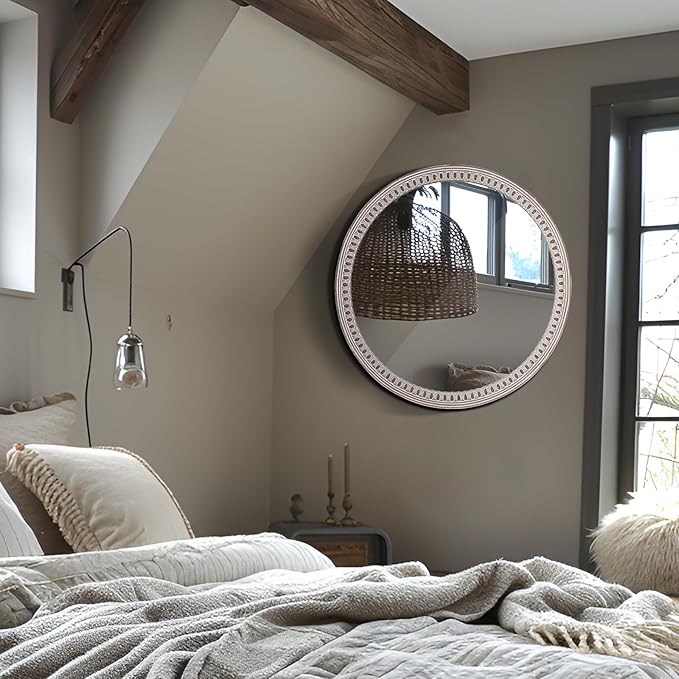 24 inches Decorative Round Wood Mirror with Bead, Rustic Farmhouse Circle Mirrors for Wall Decor, Living Room, Entryway, Bathroom Over Sink