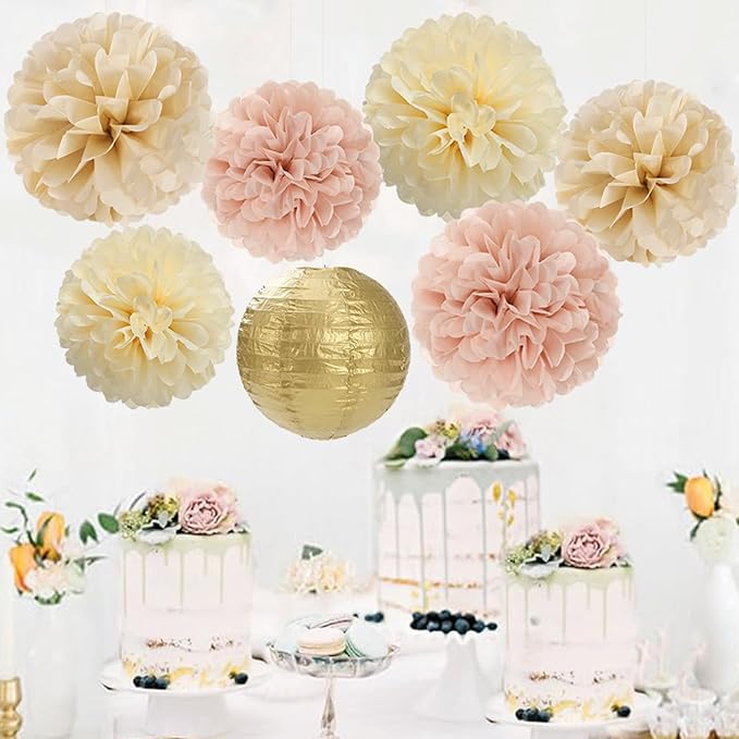 Champagne Gold Beige Paper Flowers Tissue Pom Poms Honeycomb Lanterns 15pcs Party Decorations Boho Fall Rustic Birthday Baby Bridal Shower Neutral Autumn Wedding Bridal Hanging Decor Mprocherify