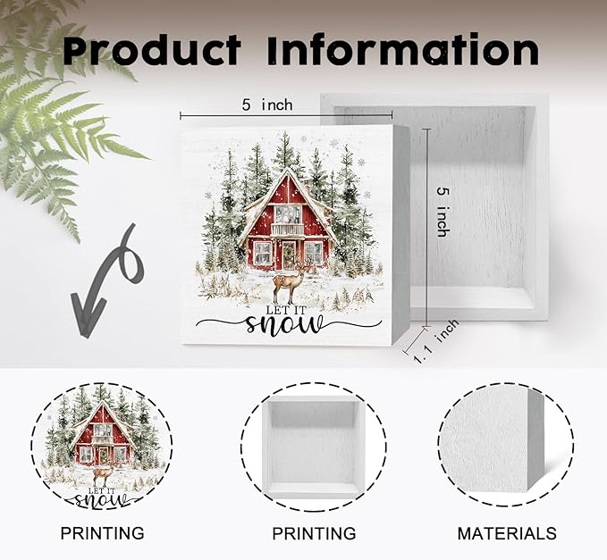 Let It Snow Sign, Winter Christmas Wooden Box Sign, Farmhouse Christmas Decorations, Farmhouse Winter Reindeer Wood Signs For Home Office Desk Table Shelf Decor, 5x5 Inch