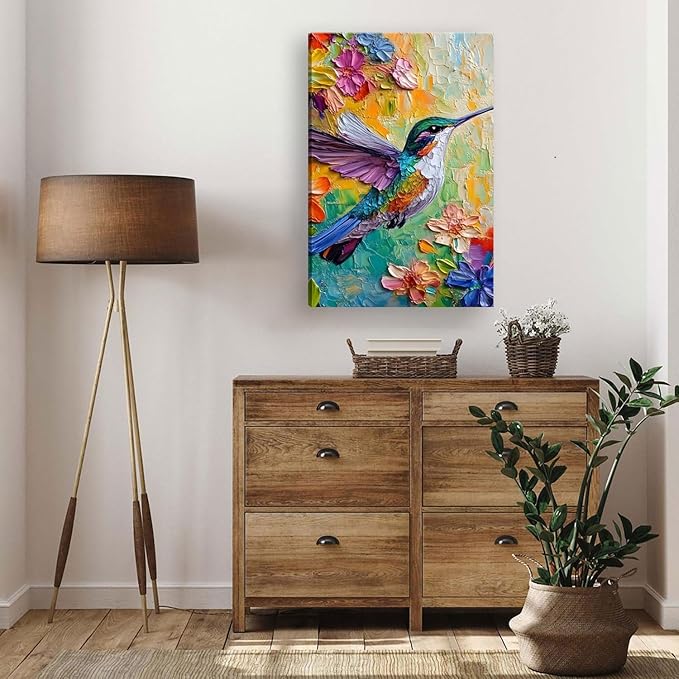 2D No Texture Colorful Painting Hummingbird Canvas Wall Art, Spring Flower Wall Decor, Humming Bird Picture for Wall Living Room Bathroom Bedroom Home Decoration 16*24 in (Stretched Canvas on A Wooden Frame)