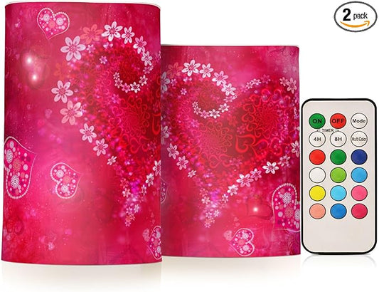 ALAZA Valentines Day Hot Pink Heart Flickering Flameless Candles Battery Operated with Remote Timer,Tea Light Candles LED Pillar Votive Candles Set of 2 for Outdoor Indoor Decorations