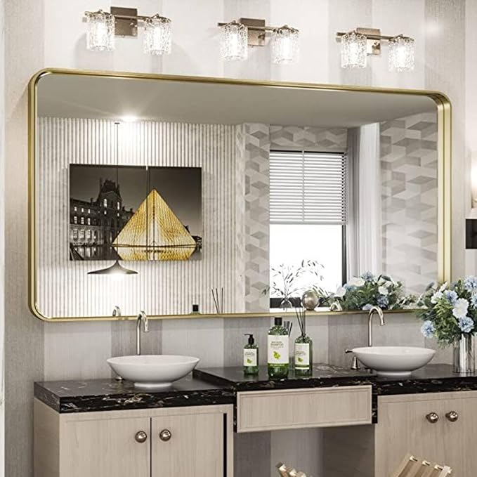 Gold Bathroom Mirror, 72x36 Inch Brushed Gold Metal Frame Mirror for Wall, Rounded Rectangle Bathroom Vanity Mirror, Tempered Glass, Anti-Rust, Horizontal/Vertical