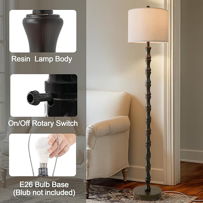 BOBOMOMO 62" Rustic Floor Lamp, Retro Farmhouse Standing Lamp with Rotary Switch, Resin Dark Brown Floor Lamp for Living Room, Bedroom, Corner, Nursery, Dining Room, House