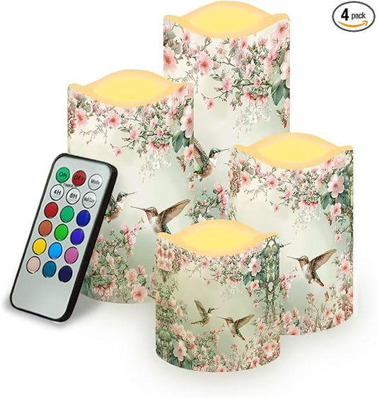 Ystardream Floral Hummingbird Flameless LED Candles Electric Candle Set with Remote Timer Color Changing Control Long Lasting for Table Centerpiece Home Indoor Decoration Pack of 4 Set