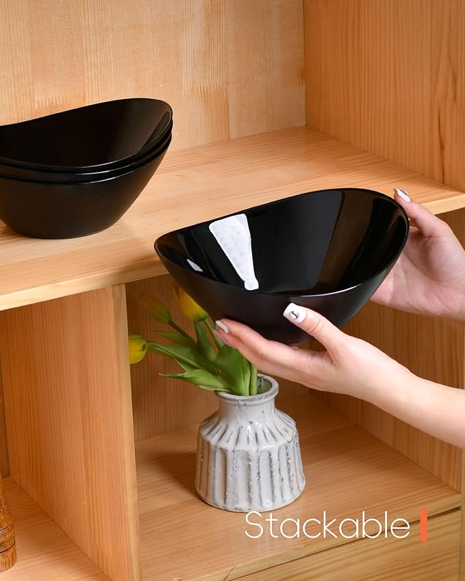 43 OZ Serving Bowl Set of 4, Opal Glass 9 inch Oval Serving Dishes for Salad, Side Dishes, Fruit Kitchen, Microwave & Dishwasher Safe, Black