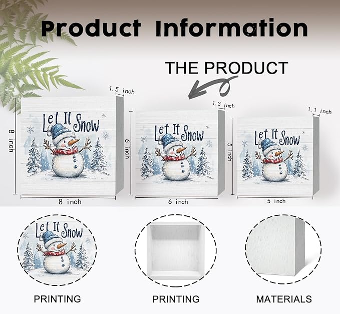 Let It Snow Sign, Christmas Snowman Wooden Box Sign, Farmhouse Winter Wood Signs For Home Office Desk Shelf Table Decor, Snowman Christmas Decorations, Winter Home Decor, 6x6 Inch
