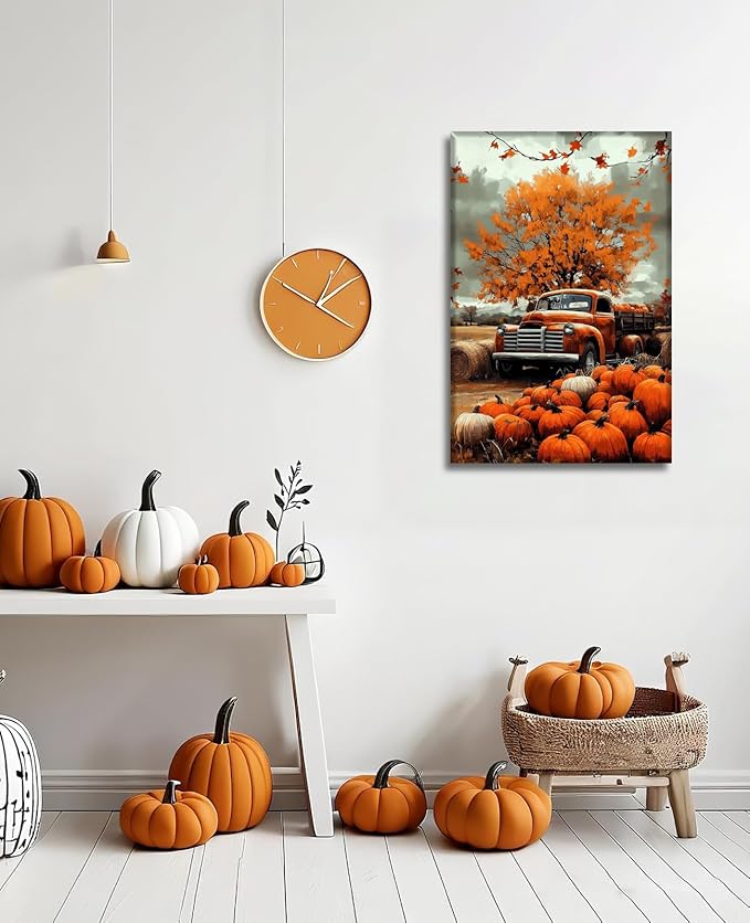 LYUNSHUO Autumn Wall Art Pumpkin Canvas Wall Decor Truck Picture Fall Harvest Painting Rustic Farmhouse Vintage Artwork for Living Room Bedroom Home Halloween Decor(Art-1,20.00"x30.00")