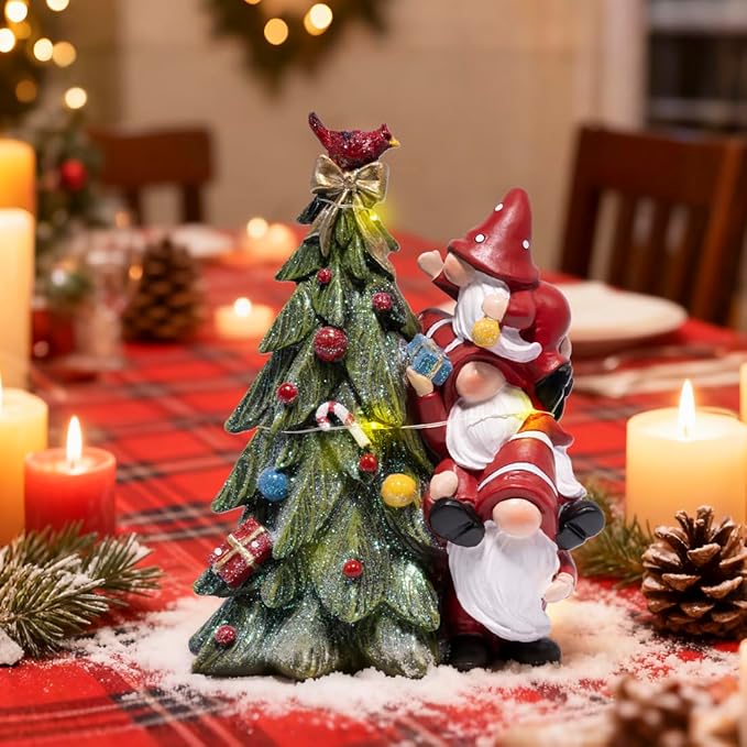 Hodao Christmas Tree Figurine Decorations — Lighted Hand-Painted Resin Gnomes Climbing with Cardinal, Tabletop Decor for Family or Friends | Mantel, Shelf, Living Room Display