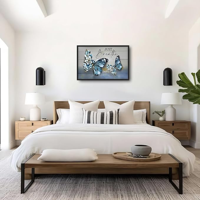 Lovira Blue Butterfly Large Wall Art Just Breathe Canvas Wall Decor Pictures Prints Painting Framed Artwork for Living Room Bedroom Bathroom Kitchen Office 24"x36"