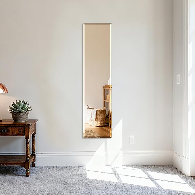 Ruomeng Frameless Full Length Mirror for Wall, 48x12 Inch Bathroom Vanity Mirror Farmhouse, Large Rectangle Mirror with Beveled Edge, Tempered Glass, Hangs Horizontally or Vertically