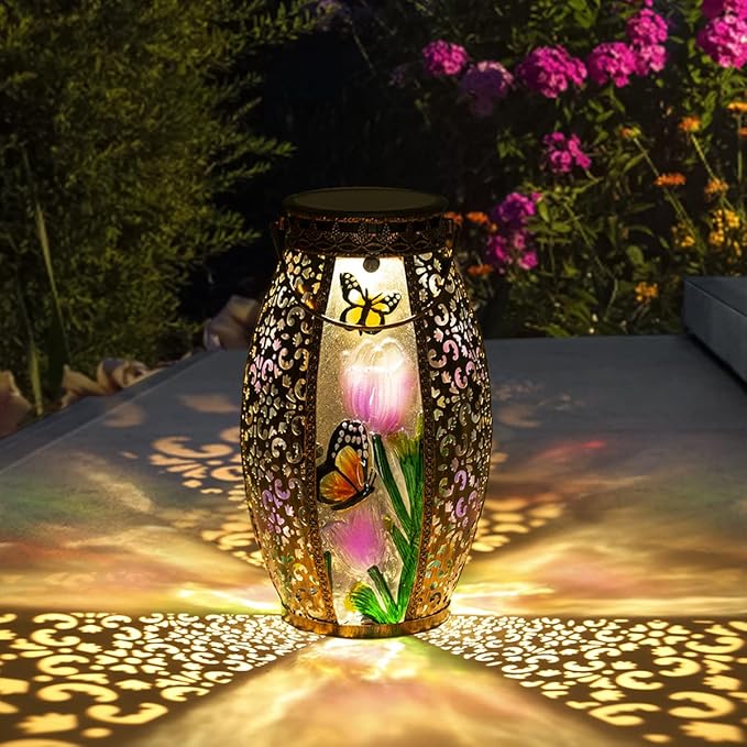 Solar Lanterns Outdoor Hanging Light - Solar Powered LED Butterfly Glass Lights Decorative Waterproof Tabletop Lampwith Hollowed-Out Design for Indoor Yard Table Patio Garden Pathway Holiday