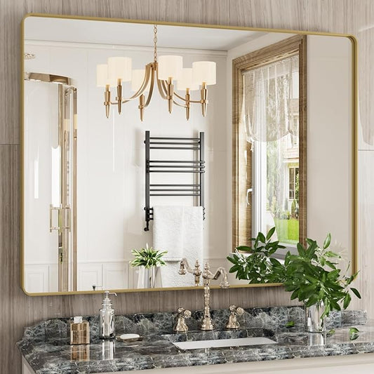 Gold Bathroom Mirror, 48x36 Inch Brushed Gold Metal Frame Mirror for Wall, Rounded Rectangle Bathroom Vanity Mirror, Tempered Glass, Anti-Rust, Horizontal/Vertical