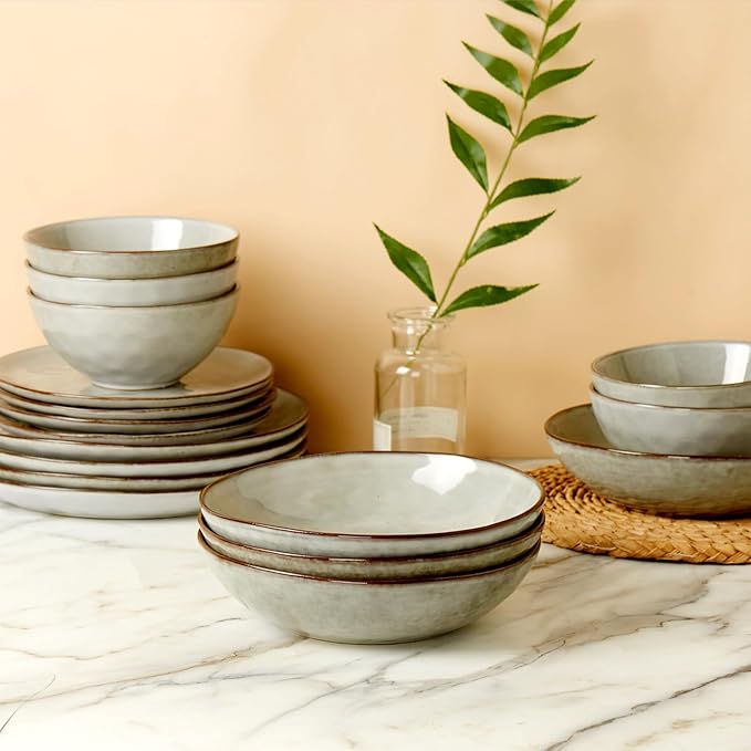 famiware Large Pasta Bowls Set of 4, Ocean Round 8.5" Pasta Serving Bowl Large Dinner Bowls, Kitchen Bowl Set, Microwave and Dishwasher Safe, Scratch Resistant, Grey