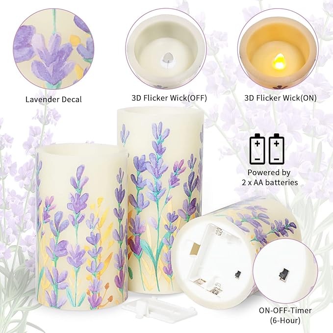 MELTONE Lavender Flameless Candles with Remote: Romantic Theme Real Wax Fake Candles - Home Bedroom Party Room Christmas Decor - Set of 3