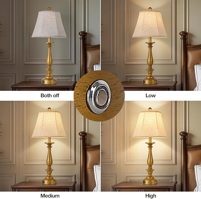 AIDENOEY 28.5" Traditional Table Lamp Set of 2, Rustic Farmhouse Table Lamps for Living Room Bedroom, Bedside Desk Lamps Vintage Nightstand Lamps with Silk Fabric Shades，Antique Gold Table Lamp