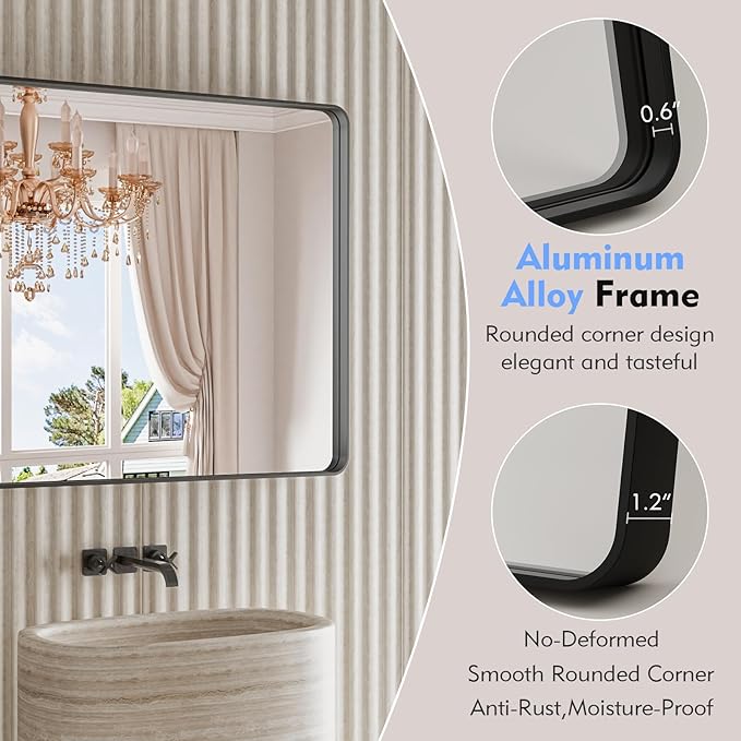 Black Bathroom Mirror 24X32 Inch, Black Metal Framed Mirror for Wall, Rounded Rectangle Matte Bathroom Vanity Mirror with Tempered Glass, Anti-Rust, Horizontal/Vertical