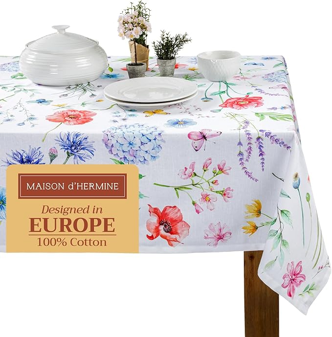 Maison d' Hermine Table Cloth Square Table 100% Cotton 60 x 60 Inches Tablecloth Reusable Decorative Everyday Use for Dining Room, Farmhouse, Home, Party, Festive & Wedding Spring Summer - Just Floral