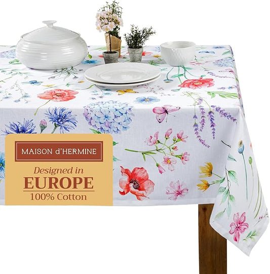 Maison d' Hermine Table Cloth Square Table 100% Cotton 60 x 60 Inches Tablecloth Reusable Decorative Everyday Use for Dining Room, Farmhouse, Home, Party, Festive & Wedding Spring Summer - Just Floral