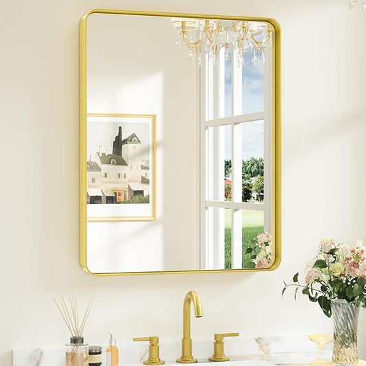 Keonjinn Gold Bathroom Mirrors for Over Sink, 24” x 30” Rounded Rectangle Brushed Gold Vanity Mirror, Anti-Rust Brass Mirror with HD Tempered Glass, Decorative Farmhouse Mirrors, Horizontal/Vertical