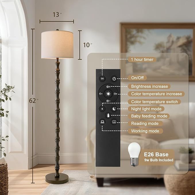 BOBOMOMO 62" Rustic Farmhouse Floor Lamp Dark Brown with Remote & Dimmable 9W Bulb, 3 Color Temperatures Resin Standing Lamp, Retro Tall Lamp for Living Room, Bedroom, Nursery, Office, Reading Nook