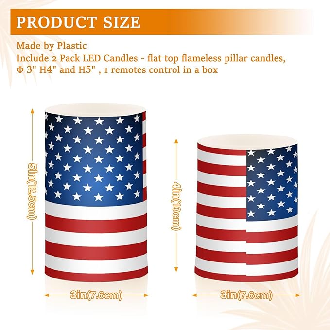 ALAZA US American Flag Independence Day 4th of July Flickering Flameless Candles Battery Operated with Remote Timer,Tea Light Candles LED Pillar Votive Candles Set of 2 for Outdoor Indoor Decorations