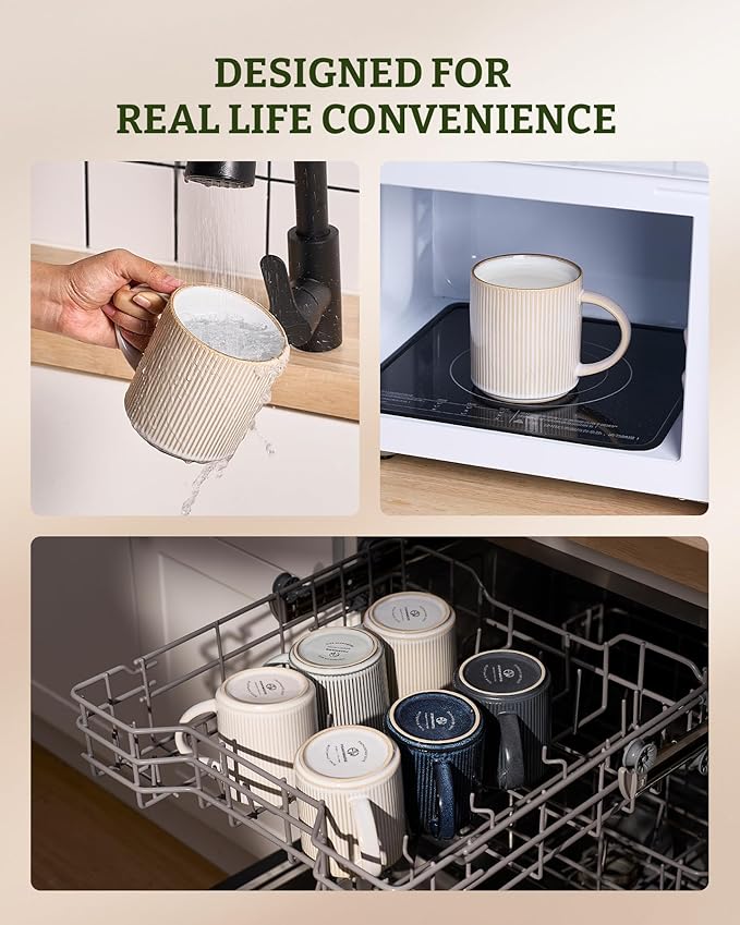 famiware Coffee Mug Set for 6, Star 16 oz Catering Mugs Cup Set with Handle for Coffee, Tea, Cocoa, Milk - Ceramic Stoneware Drinkware Set, Cappuccino White