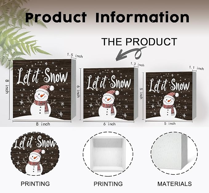 Let It Snow Sign, Christmas Snowman Snowflake Wooden Box Sign, Snowman Christmas Decorations, Winter Wood Signs for Home Office Desk Table Shelf Decor, 6x6 Inch