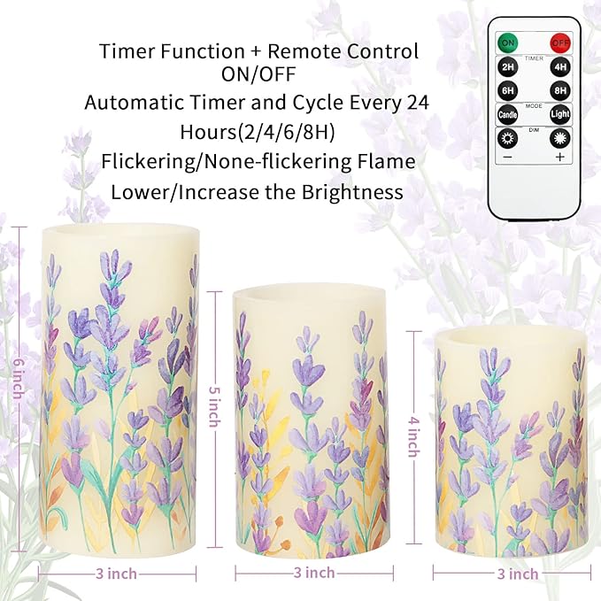 MELTONE Lavender Flameless Candles with Remote: Romantic Theme Real Wax Fake Candles - Home Bedroom Party Room Christmas Decor - Set of 3