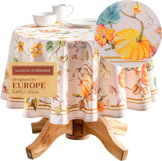 Maison d' Hermine Table Cloth Round Table 100% Cotton 69 Inches Fall Tablecloth Reusable Everyday Use for Thanksgiving Christmas Decorations Dining Farmhouse Party (Potiron)