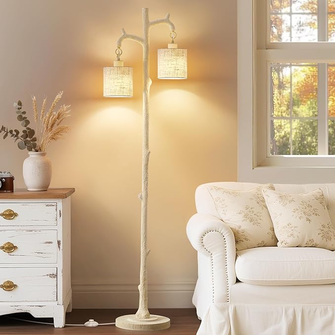 Rustic Floor Lamp for Living Room - Newly Upgraded Heavy-Duty Resin Base Farmhouse Floor Lamp with 2 Country Vintage Reading Light - Standing Tall Lamps for Bedroom Office Home Decor (Almond White)