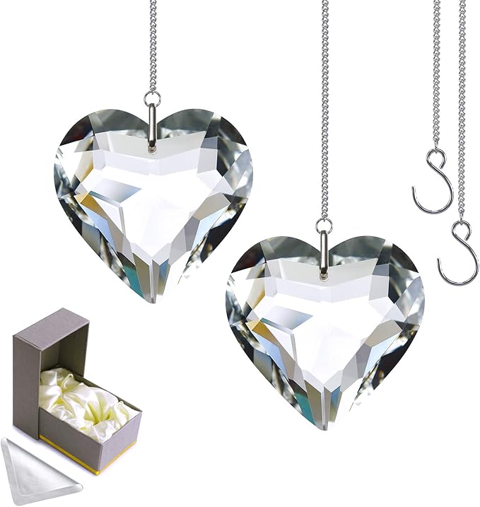 Clear Crystal Suncatcher, 2pc 45mm Heart, Handmade Prism Pendant for Windows, Outdoor Indoor Hanging Ornament, Rainbow Maker Gifts for Mom, Grandma, Friends (2 Hearts, Clear)
