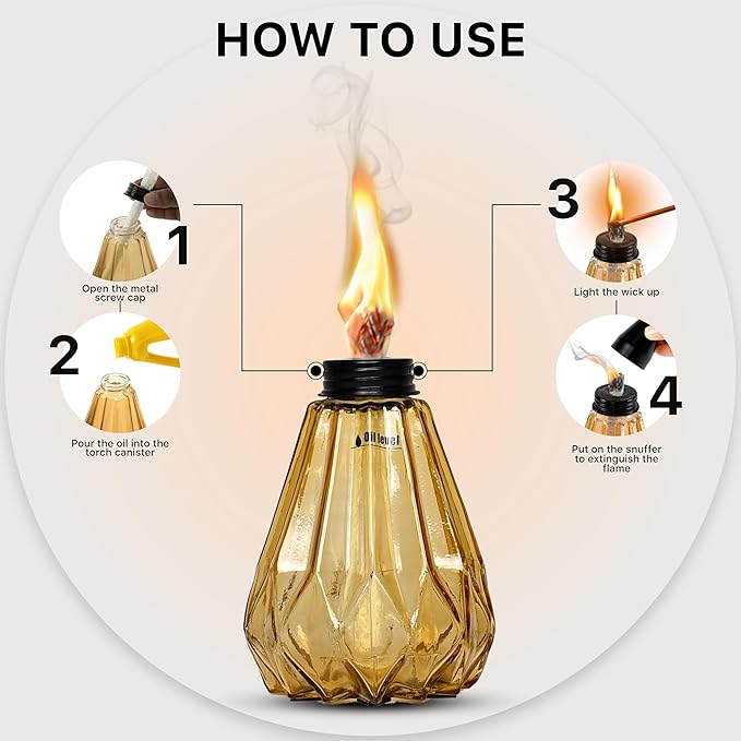 Deco Window Pack of 3 Table Torch for Indoor Outdoor Citronella Oil Tabletop Glass Lamp Landscape Yellow Lantern with Fiberglass Wick & Cap for Garden Patio Yard Party Decor Light