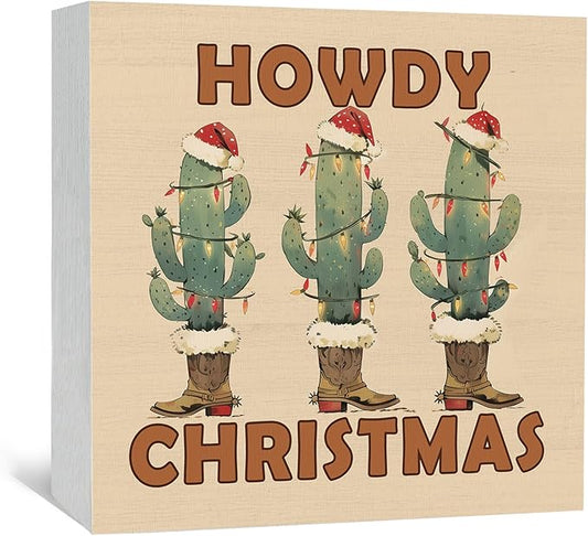 Howdy Christmas Western Cactus Cowgirl Boots Wooden Box Sign, Country Christmas Wood Signs For Home Office Desk Shelf Table Decor, Western Decorations, 5x5 Inch