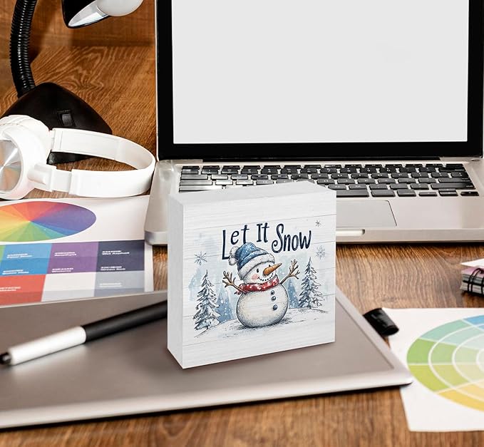 Let It Snow Sign, Christmas Snowman Wooden Box Sign, Farmhouse Winter Wood Signs For Home Office Desk Shelf Table Decor, Snowman Christmas Decorations, Winter Home Decor, 5x5 Inch