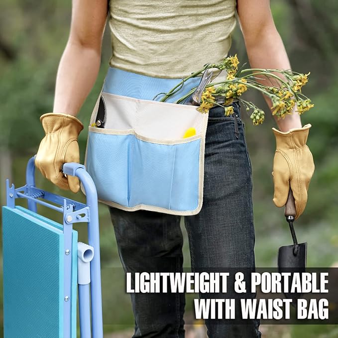 Jardineer Folding Garden Kneeler and Seat, 10 Inch Wider Kneeling Bench Stool, Portable Gardening Workseats with Tool Bag and Padded Cushion, Garden Gift for Women Seniors(Blue)