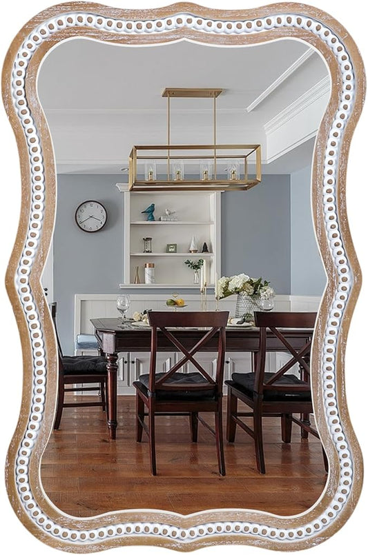 35 x 24 inches Rustic Farmhouse Mirror for Wall Decor, Wooden Beads Decorative Mirrors for Living Room, Bedroom, Hallway, Bathroom, Entryway - Vertical or Horizontal Hanging