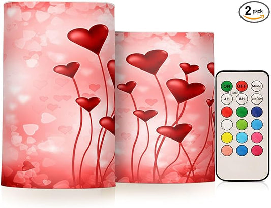 ALAZA Valentine's Day Red Hearts Pink Flickering Flameless Candles Battery Operated with Remote Timer,Tea Light Candles LED Pillar Votive Candles Set of 2 for Outdoor Indoor Decorations03