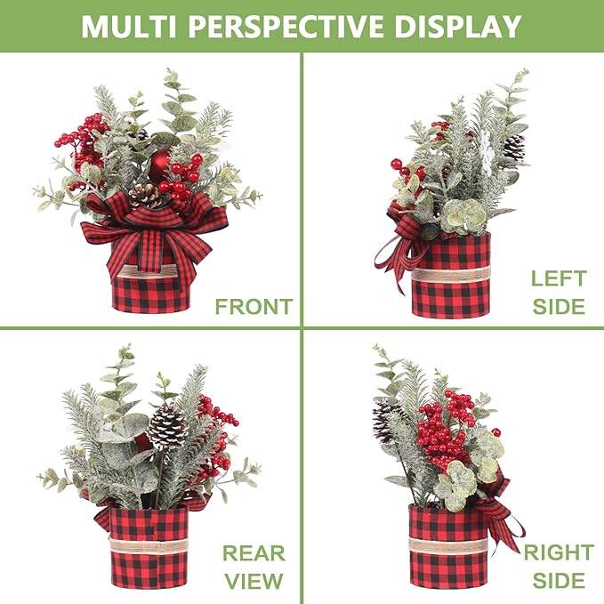 Small Buffalo Check Plaid Christmas Tree, Artificial Mini Tabletop Christmas Tree Decorations, for Winter Home Holiday Party Xmas Decor - Red/Black.