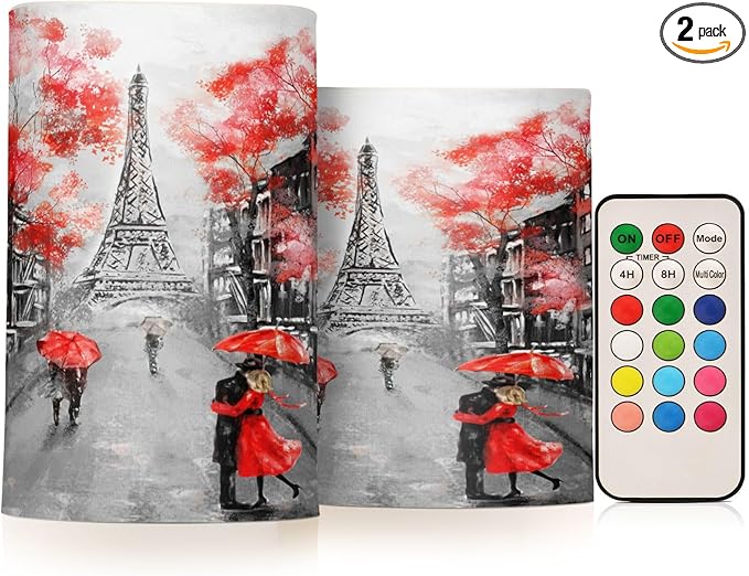 ALAZA France Paris Eiffel Tower Flickering Flameless Candles Valentines Day Battery Operated with Remote Timer,Tea Light Candles LED Pillar Votive Candles Set of 2 for Outdoor Indoor Decorations