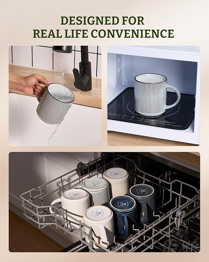 famiware Coffee Mug Set for 6, Star 16 oz Catering Mugs Cup Set with Handle for Coffee, Tea, Cocoa, Milk - Ceramic Stoneware Drinkware Set, Smoky Blue