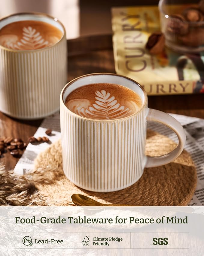 famiware Coffee Mug Set for 4, Star 16 oz Catering Mugs Cup Set with Handle for Coffee, Tea, Cocoa, Milk - Ceramic Stoneware Drinkware Set, Cappuccino White