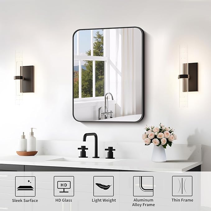 FORBATH Bathroom Mirror for Over Sink 18x24 Inch Black, Rectanglar Wall Mirror with Metal Frame, Rounded Corners for Bathroom, Bedroom, Entryway Decor (Horizontal or Vertical)