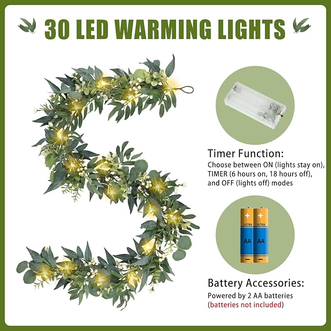 Artgar Eucalyptus Garland with Lights - 6 Ft Greenery Garland - Artificial Silver Dollar Olive Garlands, Spring/Summer Green Garlands for Indoor Outdoor Home Decor Wedding Arches Backdrops Table Decor