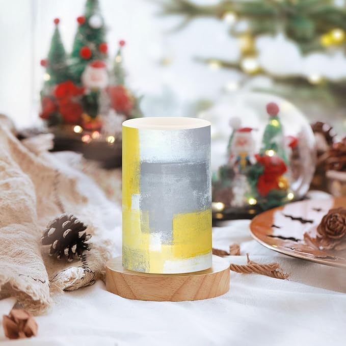 ALAZA Grey and Yellow Abstract Art Painting Flickering Flameless Candles Battery Operated with Remote Timer,Tea Light Candles LED Pillar Votive Candles Set of 2 for Outdoor Indoor Decorations